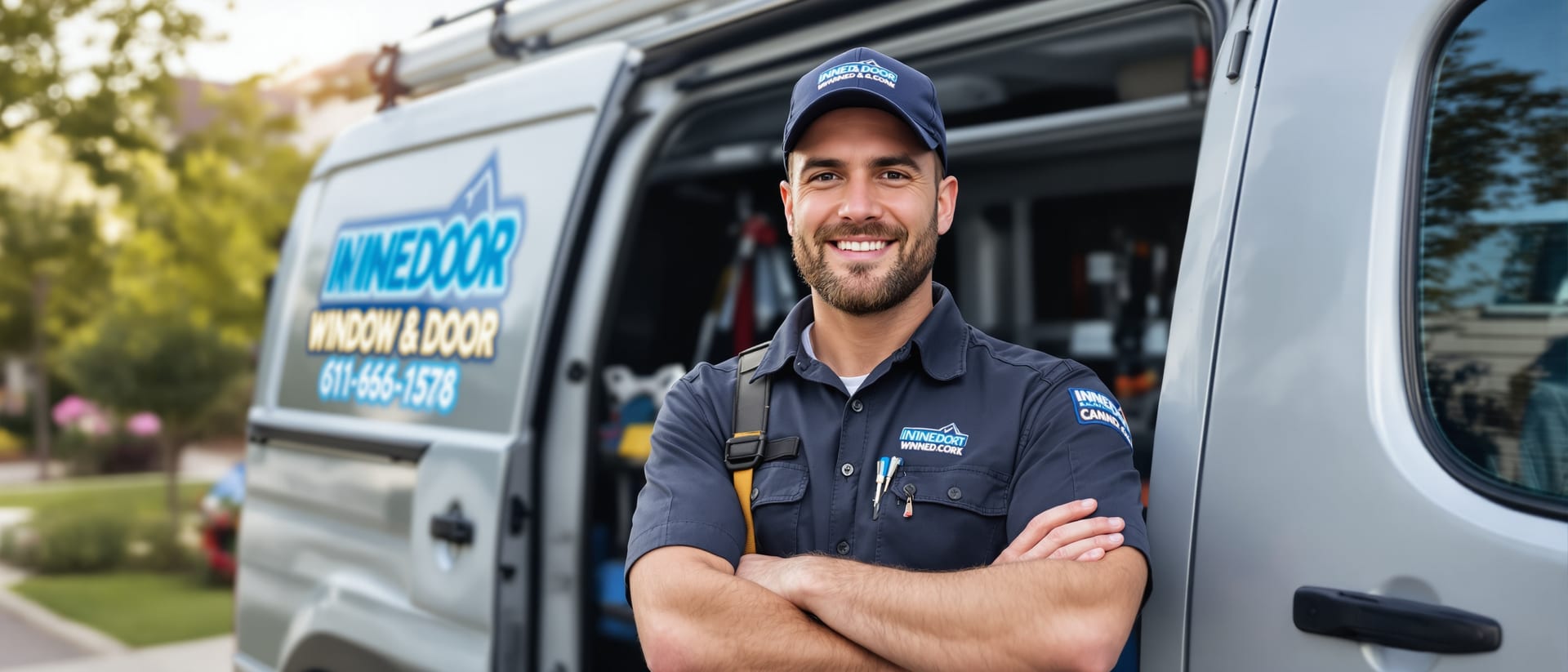 Professional independent window and door technician standing beside service van