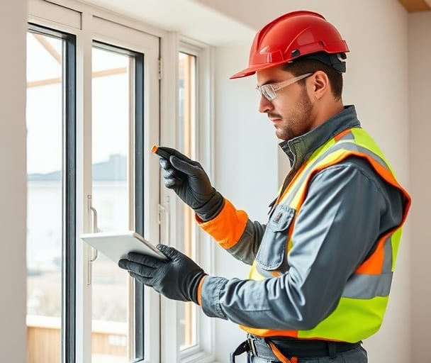UTS ServicePros technician inspecting a residential window and recording findings